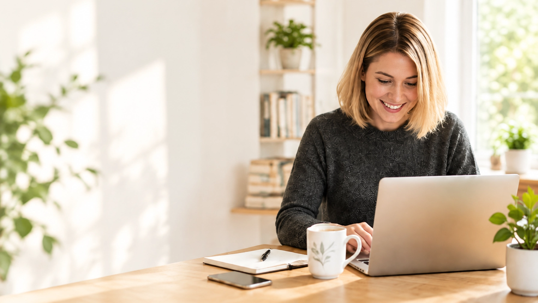 A small business owner working at her laptop in a bright home office